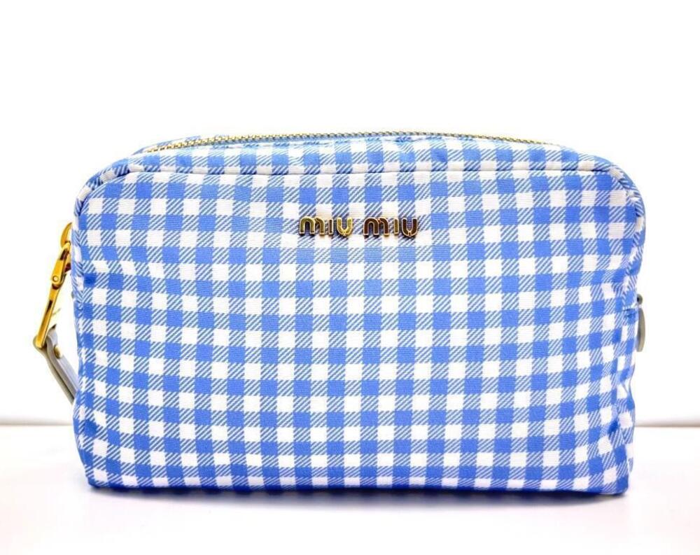Miu Miu check cosmetic Pouch Clutch blue white leather